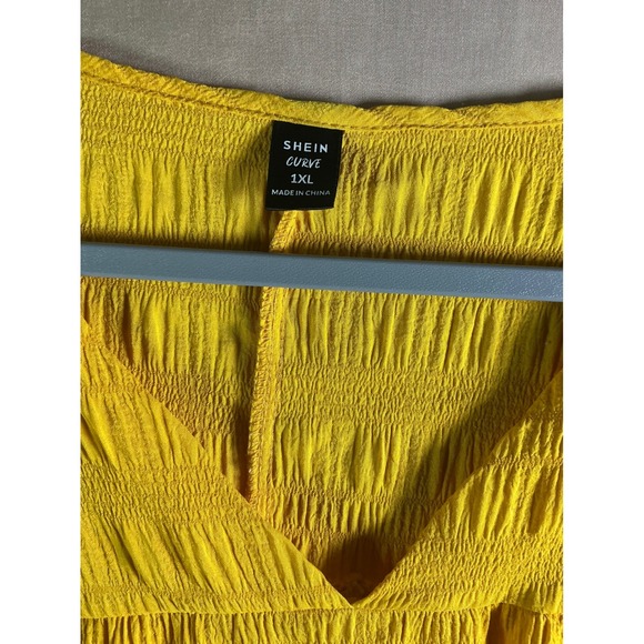 Shein Curve Yellow Smocked TunicTop 1XL Crochet LaceTassel V-Neck Flutter Sleeve - Picture 5 of 9